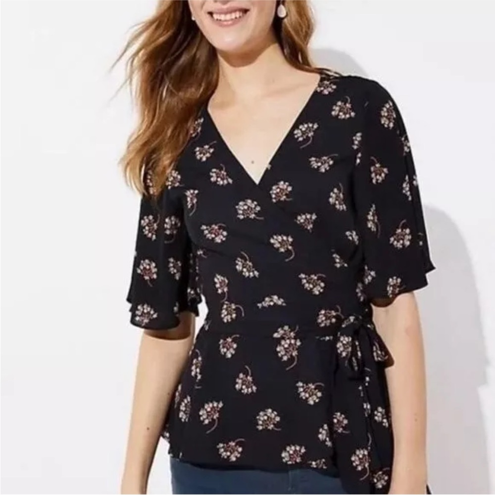 LOFT Plus Floral Flutter Sleeve Wrap Top